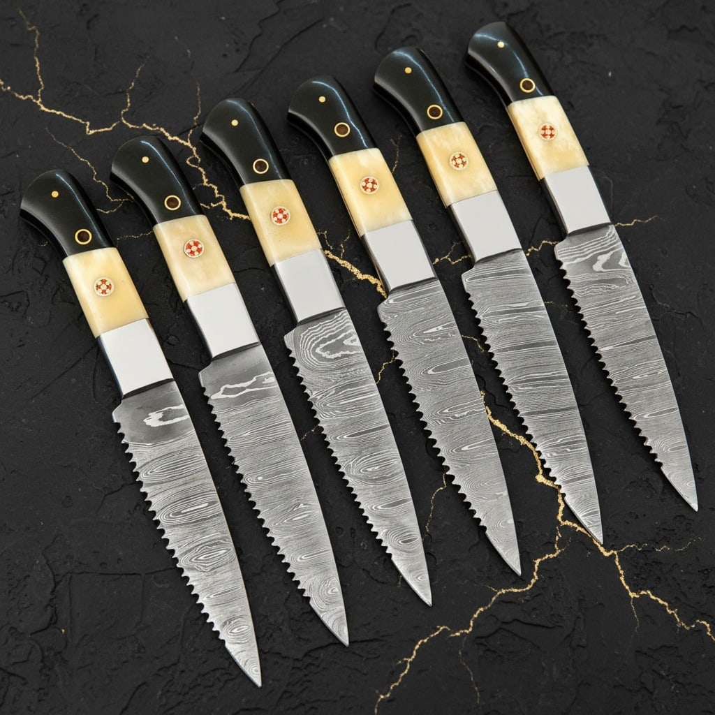 6pc Damascus Steel Steak Knife Set Bone Handle Handmade with Leather Roll - 6