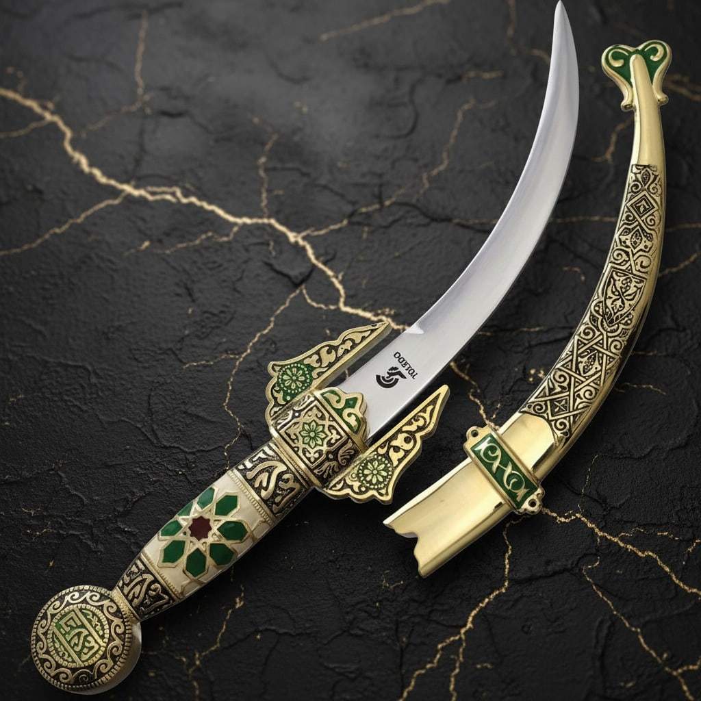 7.5" Decorative Arab Dagger Stainless Steel Blade Ornate Metal Alloy Handle: Title:7.5" Decorative Arab Dagger Stainless Steel Blade Ornate Metal Alloy Handle Description:This Arab dagger features a curved design and comes complete in its original box. Overall length: 13.5