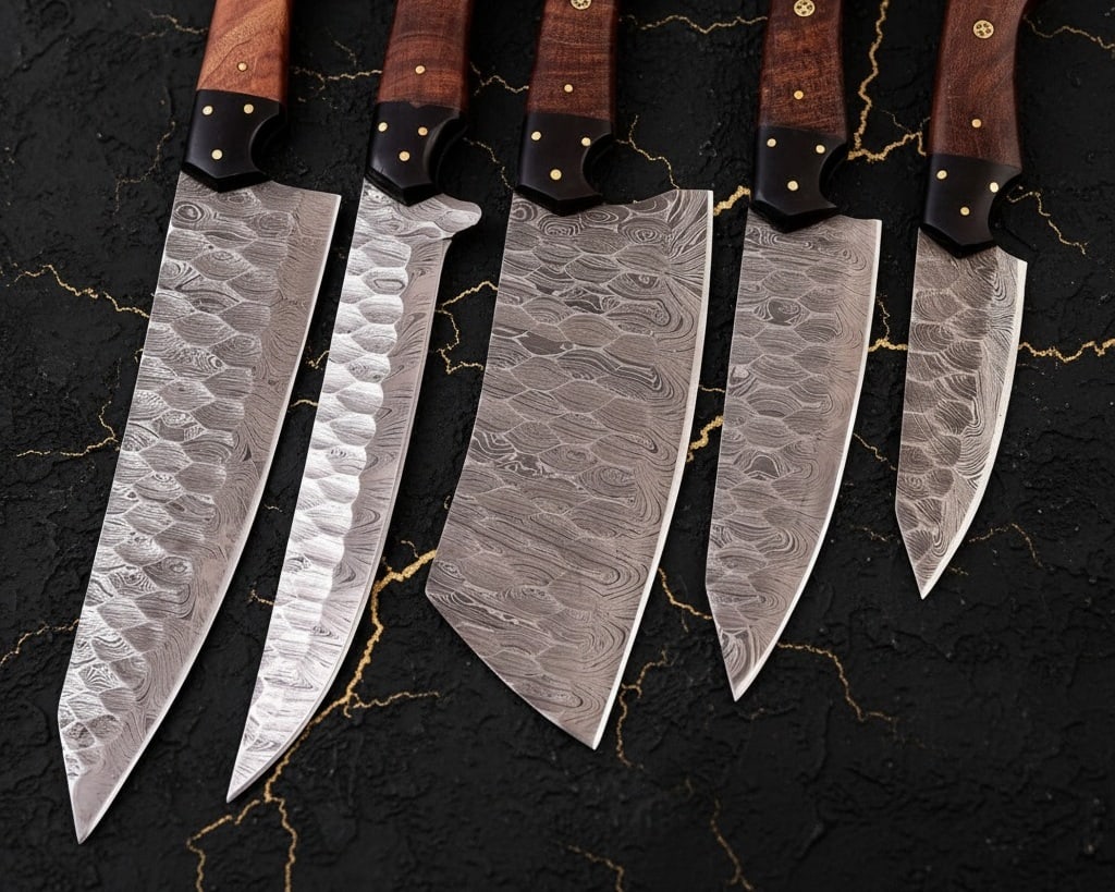 5pc Custom Hand-Forged Damascus Steel Knife Set with Leather Storage Roll - 3