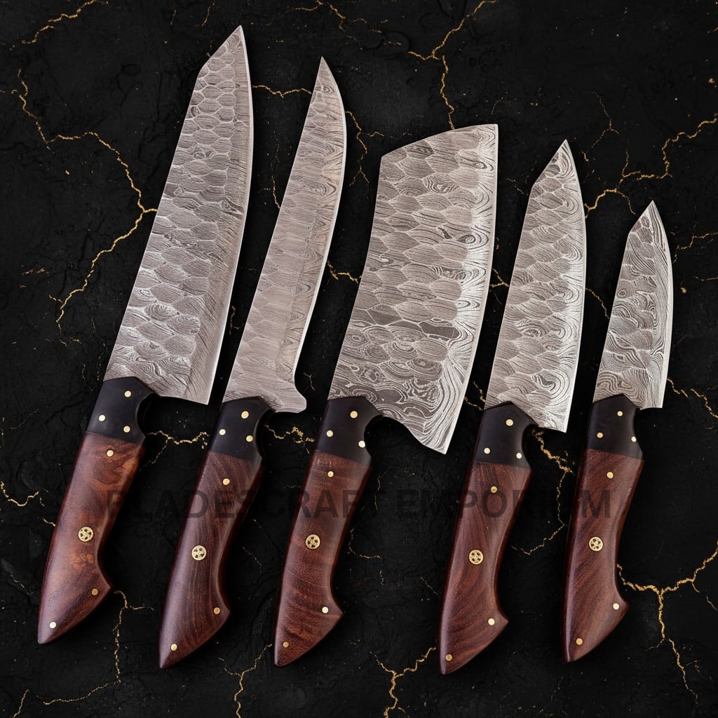 5pc Custom Hand-Forged Damascus Steel Knife Set with Leather Storage Roll - 4