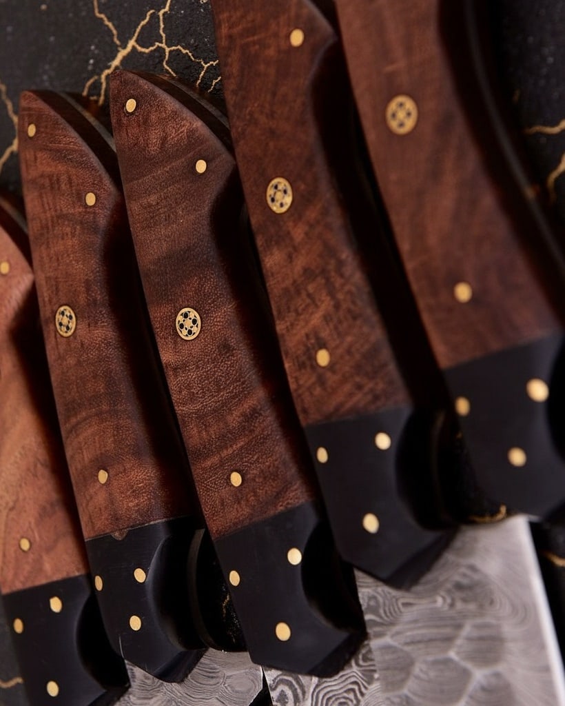 5pc Custom Hand-Forged Damascus Steel Knife Set with Leather Storage Roll - 5