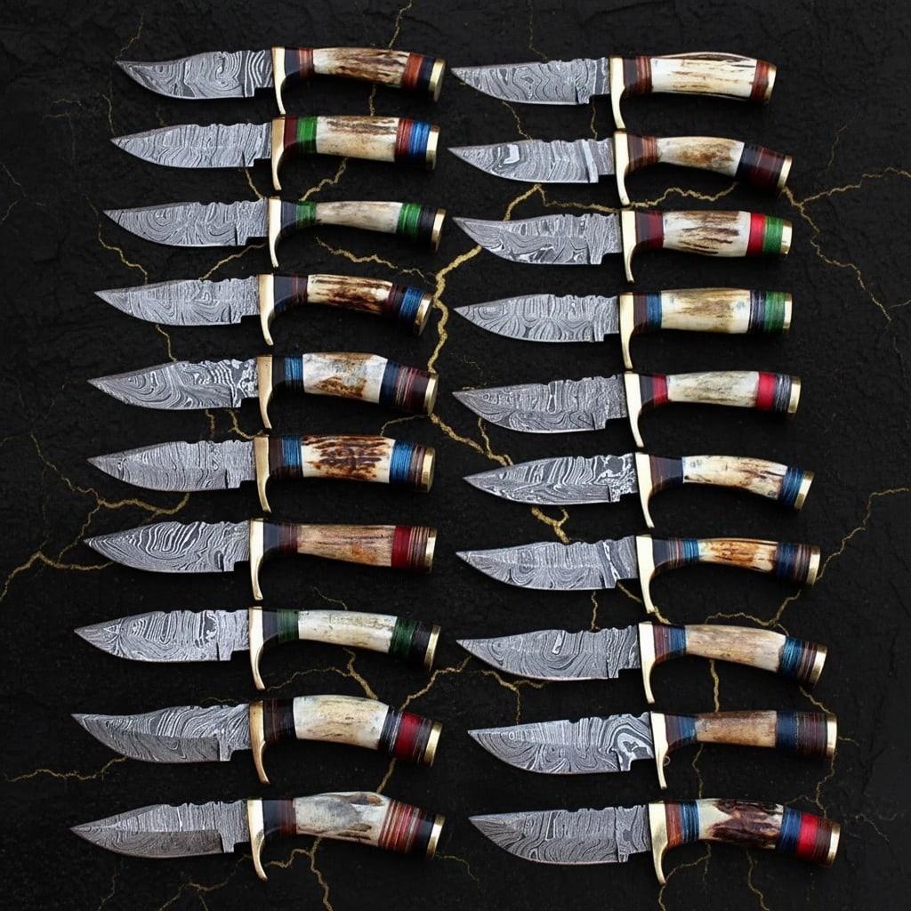 20pc Damascus Steel Stag Horn Handle Hunting Knife Set Handcrafted 6" Blades - 3