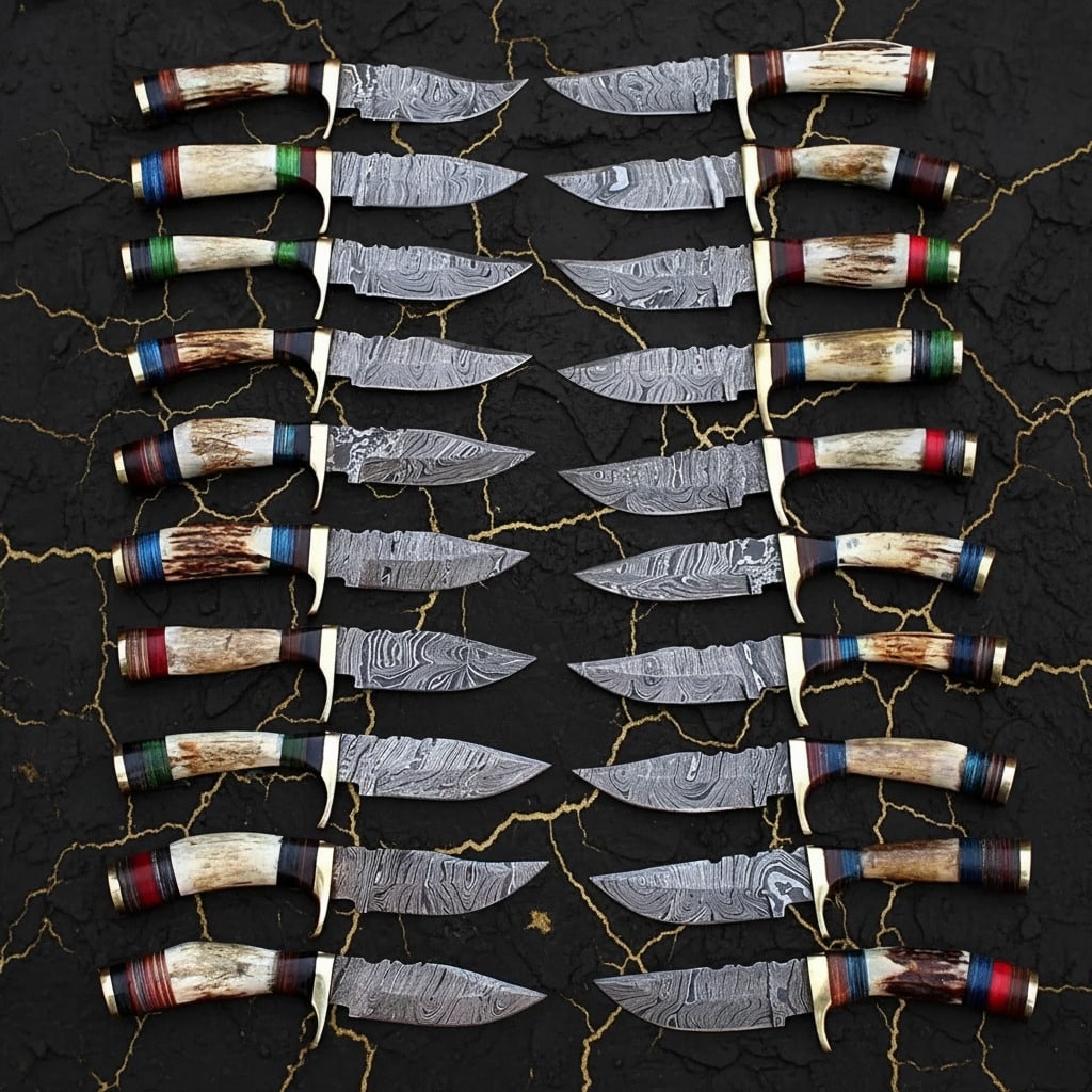 20pc Damascus Steel Stag Horn Handle Hunting Knife Set Handcrafted 6" Blades - 4
