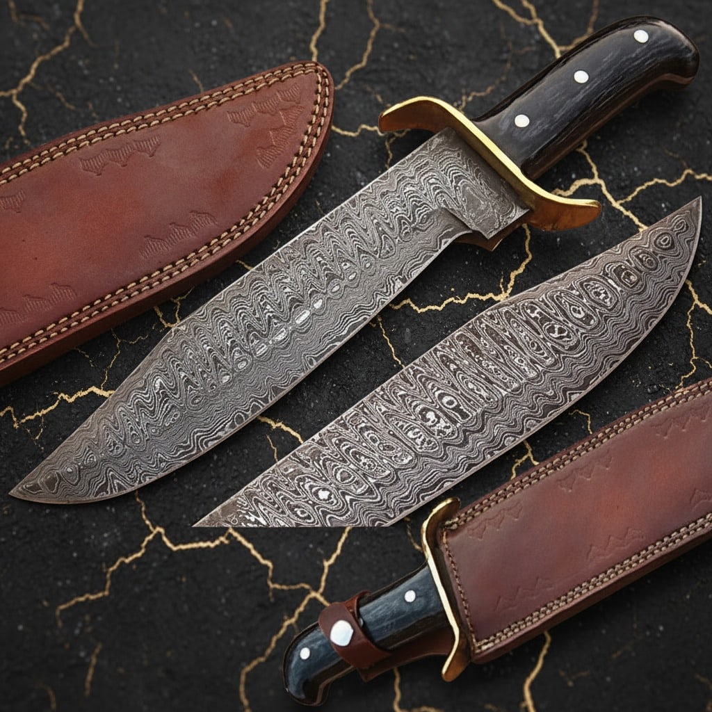 Hand-Forged Damascus Steel Bowie Knife Custom Traditional Fixed Blade: Title:Hand-Forged Damascus Steel Bowie Knife Custom Traditional Fixed Blade Description:This custom-made traditional Bowie knife features a hand-forged Damascus steel blade paired with a frost wood ha