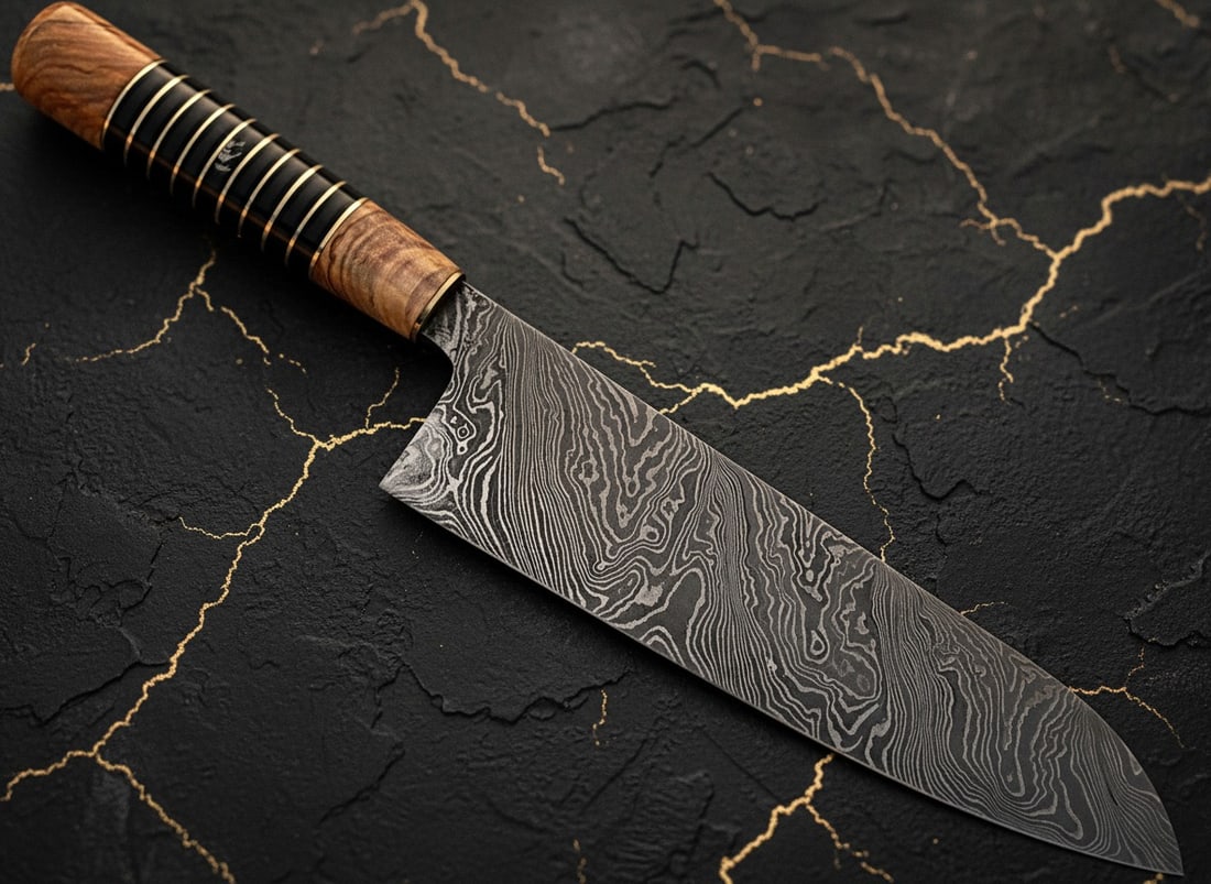 Handcrafted Damascus Steel Kitchen Knife Olive Wood Buffalo Horn Handle: Title:Handcrafted Damascus Steel Kitchen Knife Olive Wood Buffalo Horn Handle Description:This limited edition, custom-made full tang chef knife features a hand-forged Damascus steel blade paired with