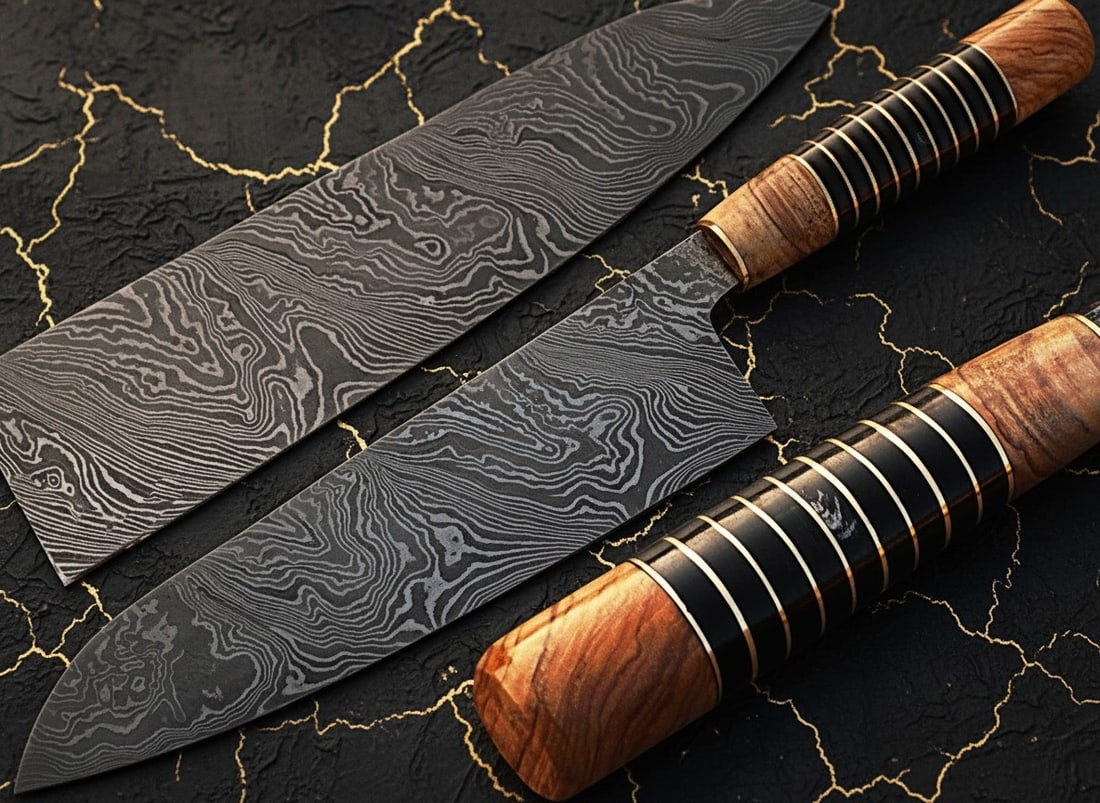 Handcrafted Damascus Steel Kitchen Knife Olive Wood Buffalo Horn Handle - 3