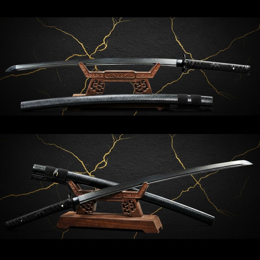 Hand-Forged Damascus Steel Full Tang Katana Sharp Black Samurai Sword: Title:Hand-Forged Damascus Steel Full Tang Katana Sharp Black Samurai Sword Description:This functional katana is expertly crafted using traditional methods, featuring a blade made from 1095 carbon st