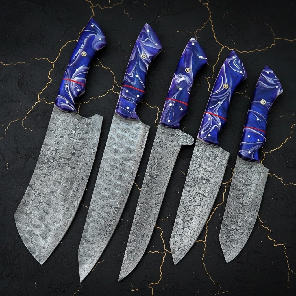 5pc Damascus Steel Kitchen Knife Set, Raindrop Pattern, Leather Roll Case (1 of 6)