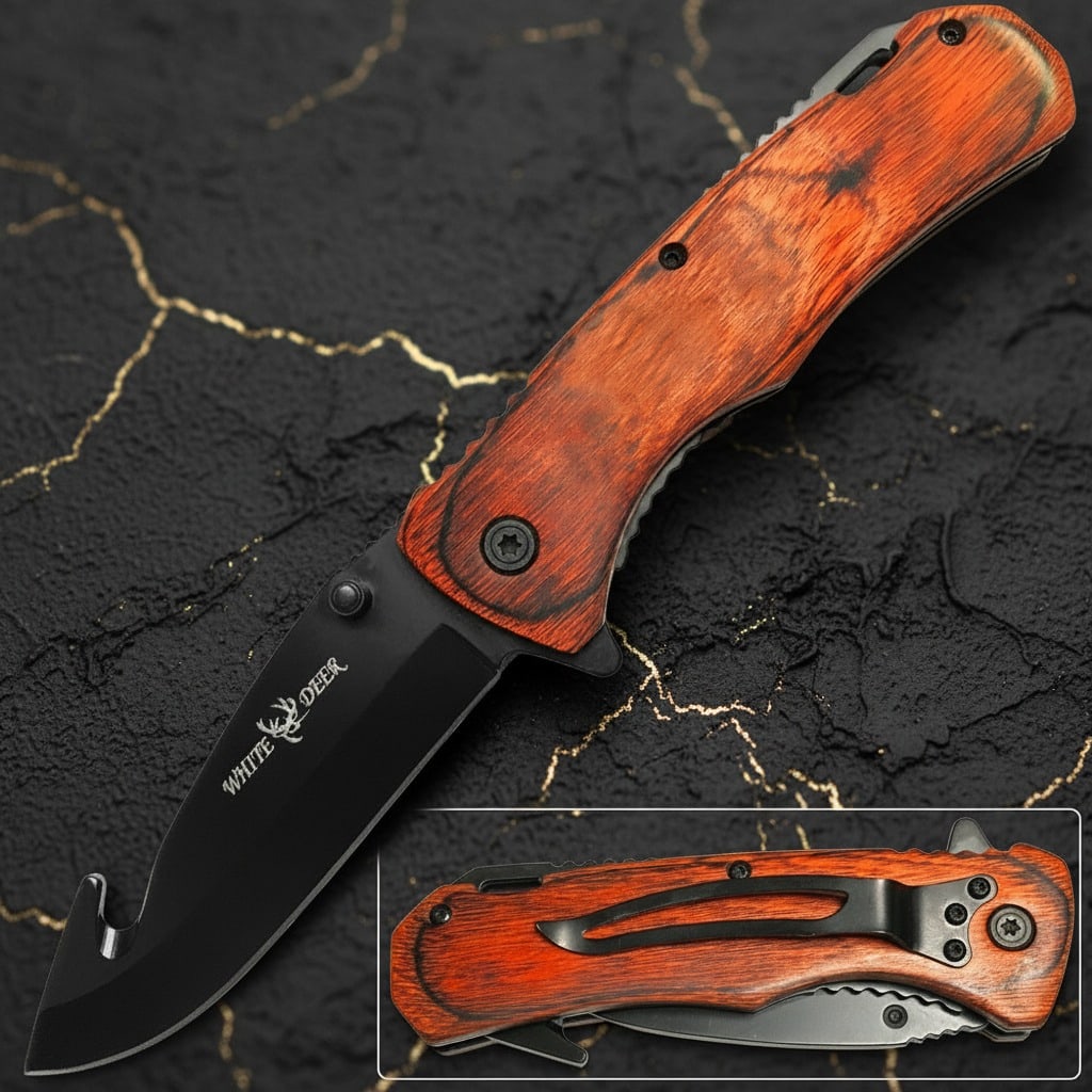 Spring Assisted Gut Hook Hunting Knife Frost Wood Handle White Deer (1 of 1)