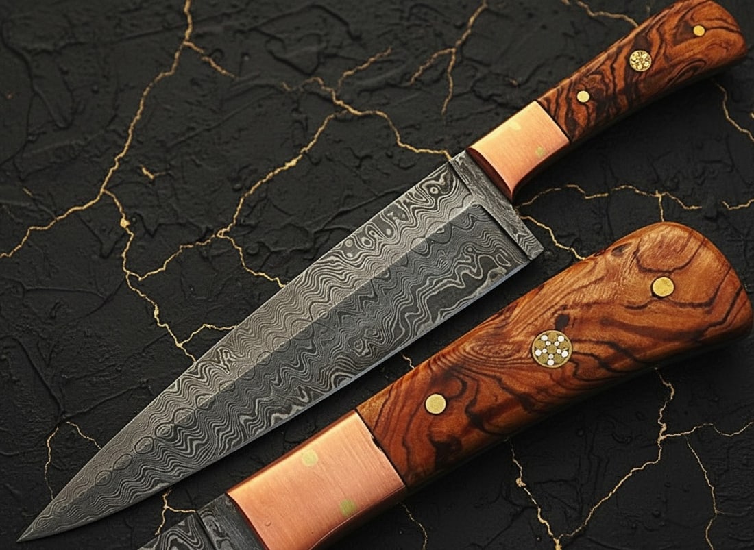 12" Custom Damascus Chef Knife White Deer Olive Wood Handle Handmade: Title:12" Custom Damascus Chef Knife White Deer Olive Wood Handle Handmade Description:This is a handcrafted Damascus steel chef's knife featuring an olive wood handle and a unique copper guard. The b