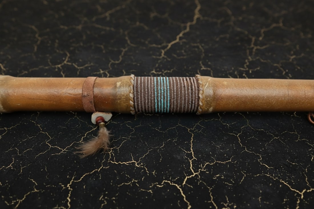 Vintage Sioux Leather War Club 25" Native American Beaded Stone Weapon - 3