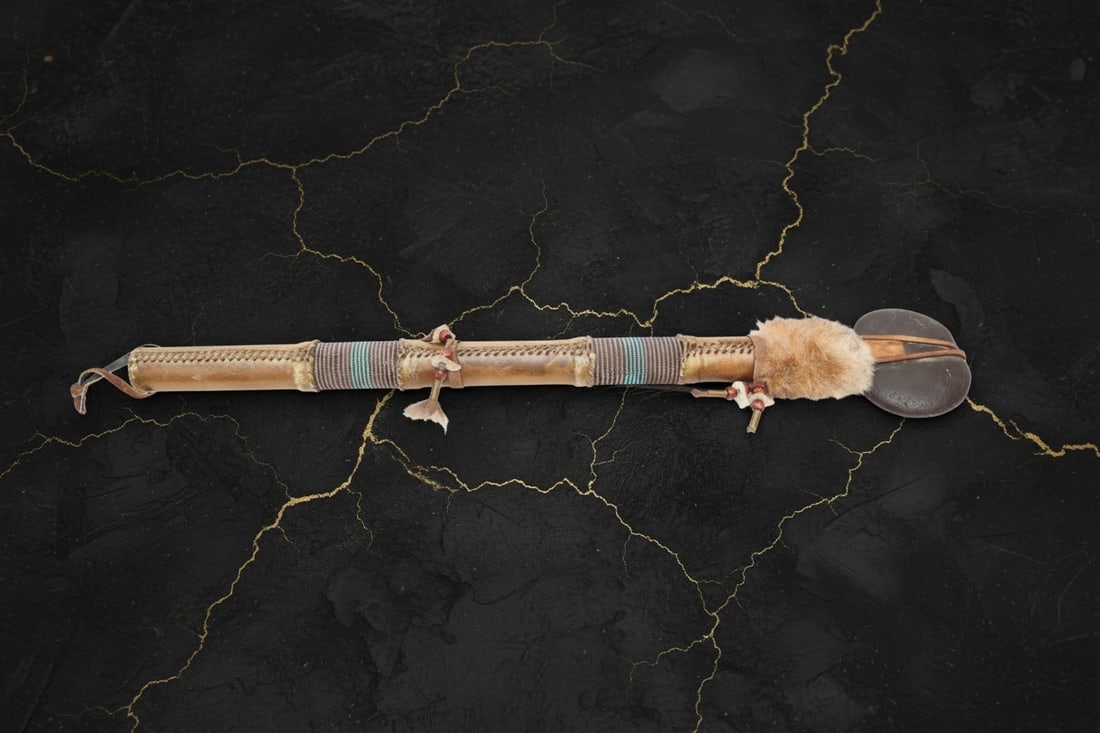 Vintage Sioux Leather War Club 25" Native American Beaded Stone Weapon - 5
