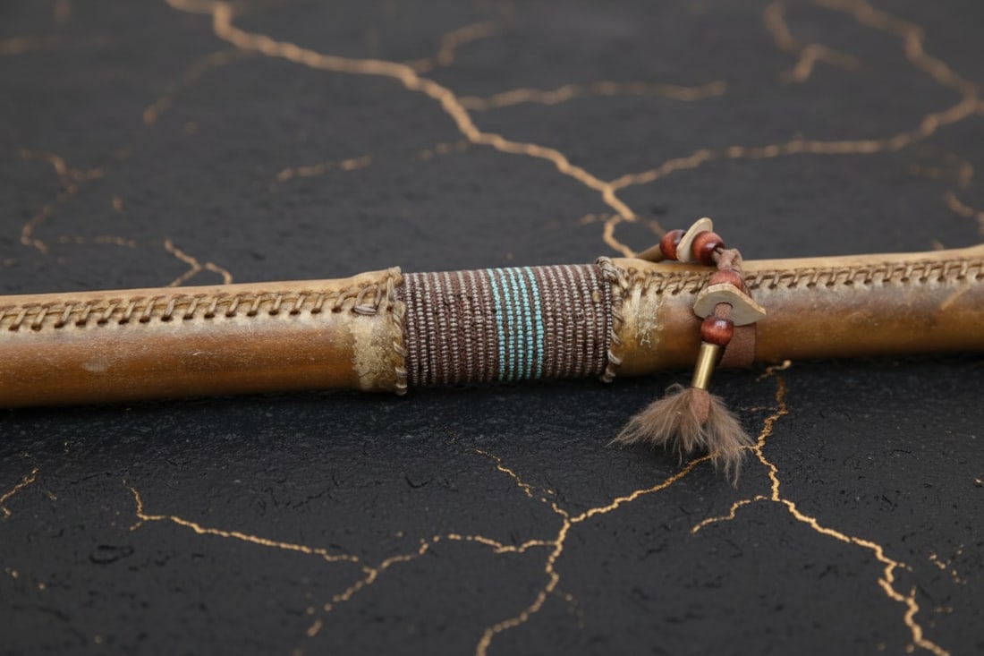 Vintage Sioux Leather War Club 25" Native American Beaded Stone Weapon - 7