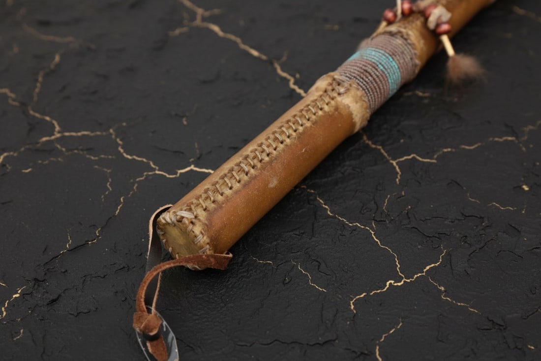 Vintage Sioux Leather War Club 25" Native American Beaded Stone Weapon - 8