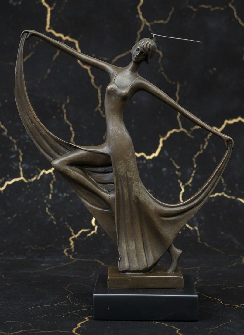 Elegant Bronze Art Nouveau Dancer Figurine Signed Milo Sculpture Statue: Title:Elegant Bronze Art Nouveau Dancer Figurine Signed Milo Sculpture Statue Description:This elegant and slender dancer figurine captures the grace and fluid movement of a classic performer.