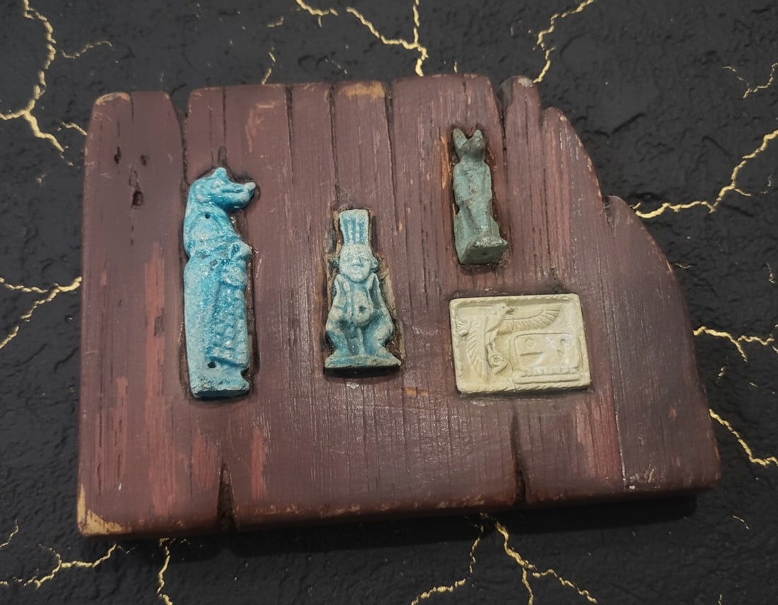 Ancient Egyptian Faience Amulet Set Mounted on Red Wood Display (1 of 4)