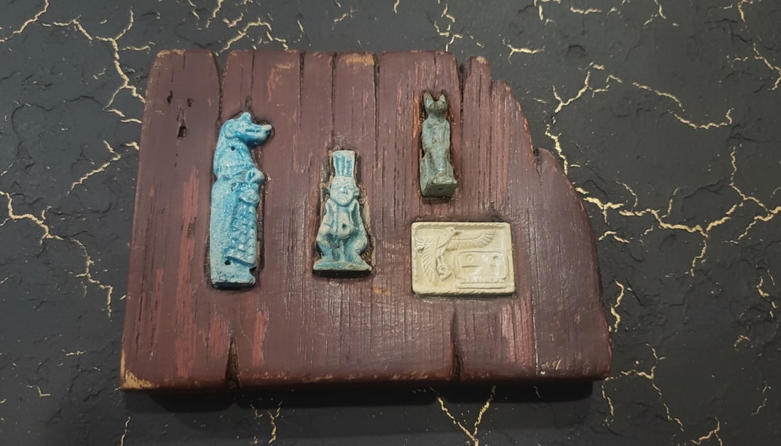 Ancient Egyptian Faience Amulet Set Mounted on Red Wood Display - 2