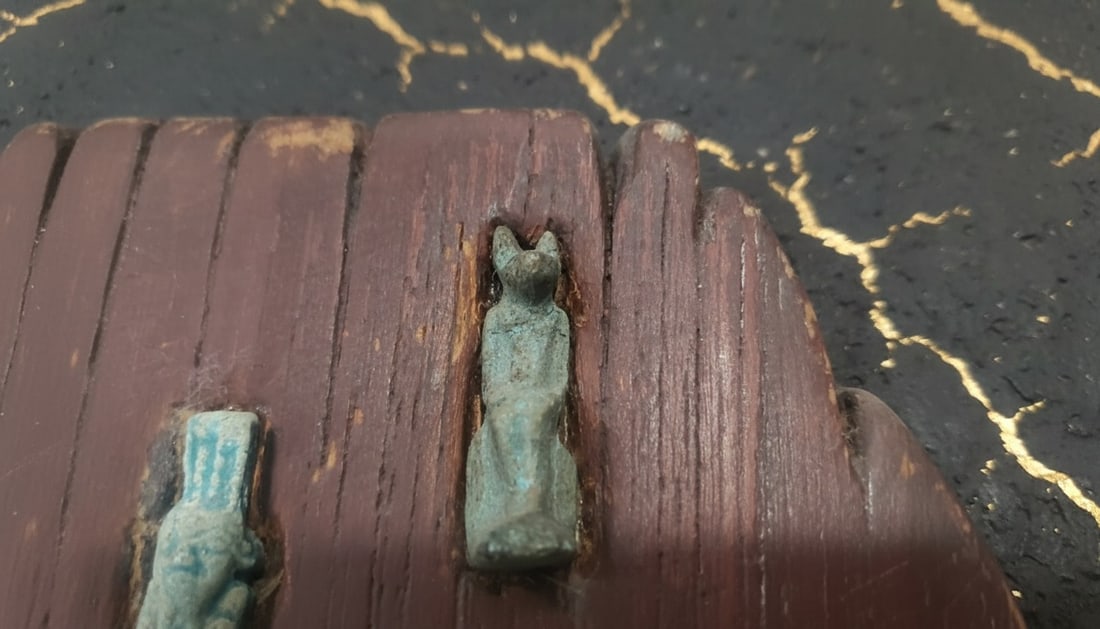 Ancient Egyptian Faience Amulet Set Mounted on Red Wood Display - 3