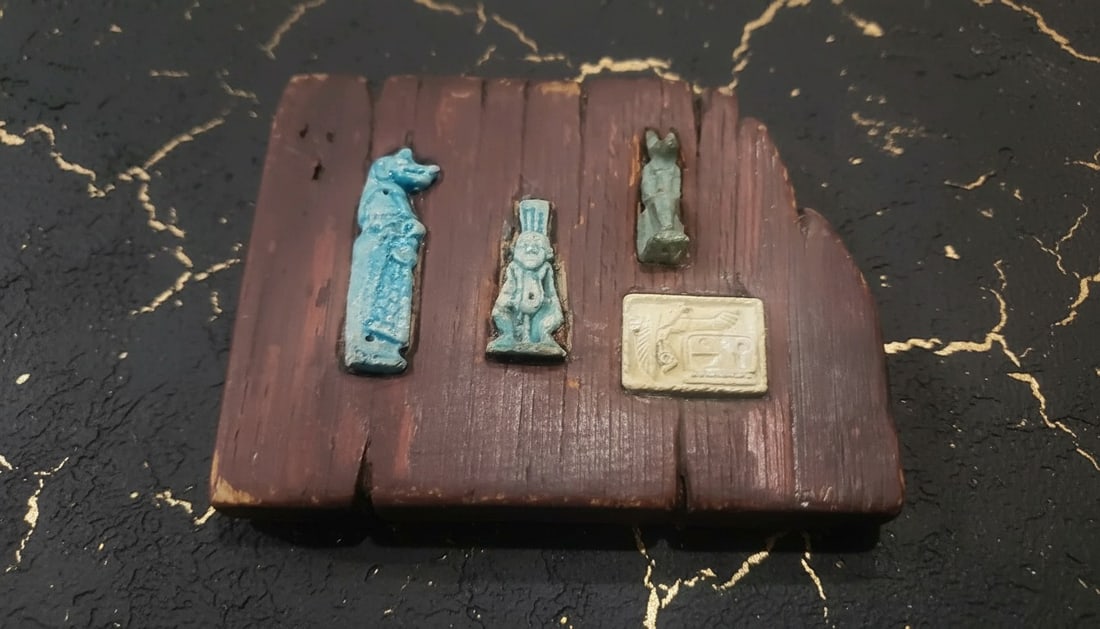 Ancient Egyptian Faience Amulet Set Mounted on Red Wood Display - 4
