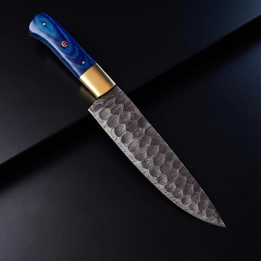 Hand Forged Damascus Steel Chef Knife 12" - Twist Pattern Blade, Wood Handle: Title:Hand Forged Damascus Steel Chef Knife 12" - Twist Pattern Blade, Wood Handle Description:This listing is for a custom, hand-forged chef knife featuring a distinctive Damascus steel blade with