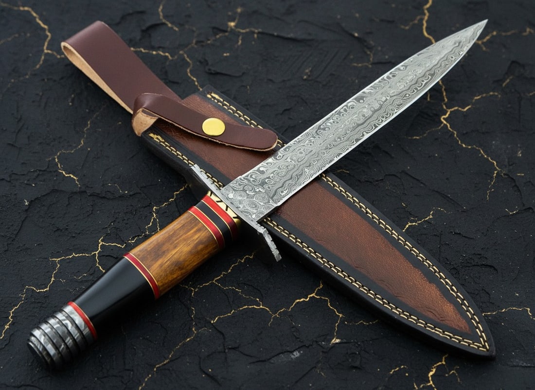 15" Damascus Steel Bowie Knife Hand Forged Wood Handle Hunting Camping Tool - 2