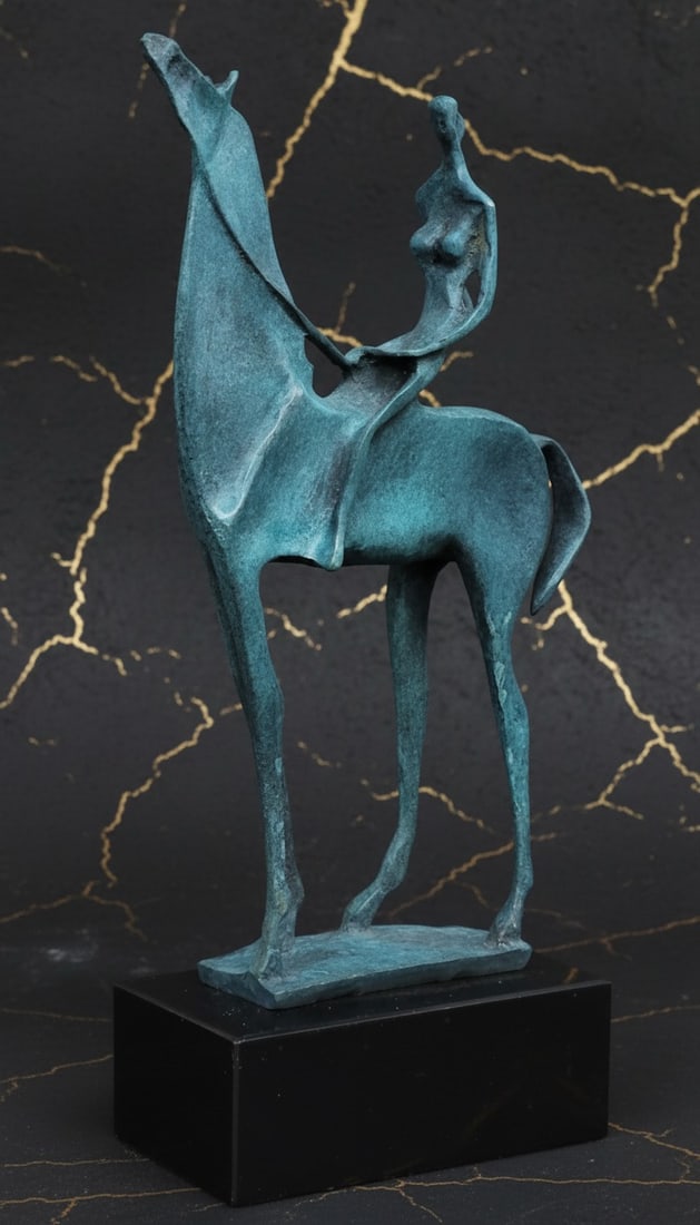 Surrealist Equestrian Female Bronze Figurine Handmade Green Patina Art: Title:Surrealist Equestrian Female Bronze Figurine Handmade Green Patina Art Description:This captivating, abstract bronze sculpture of a woman on a horse is a remarkable blend of artistic vision and