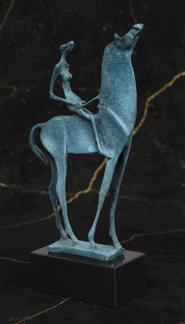 Surrealist Equestrian Female Bronze Figurine Handmade Green Patina Art - 2