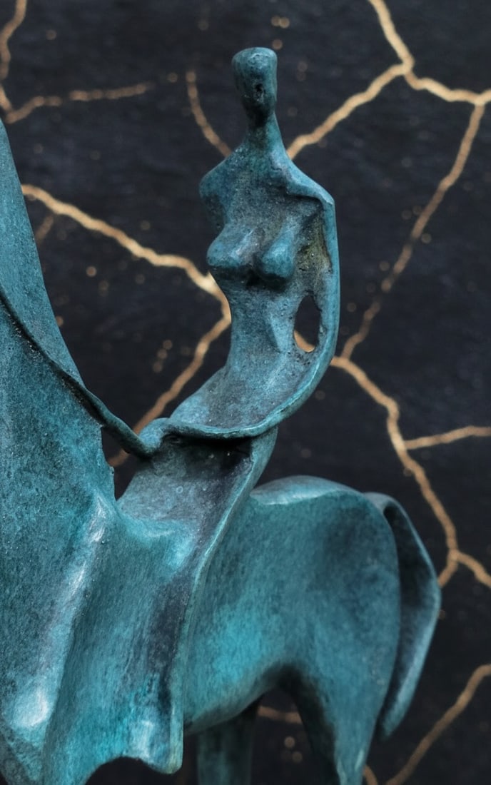 Surrealist Equestrian Female Bronze Figurine Handmade Green Patina Art - 3