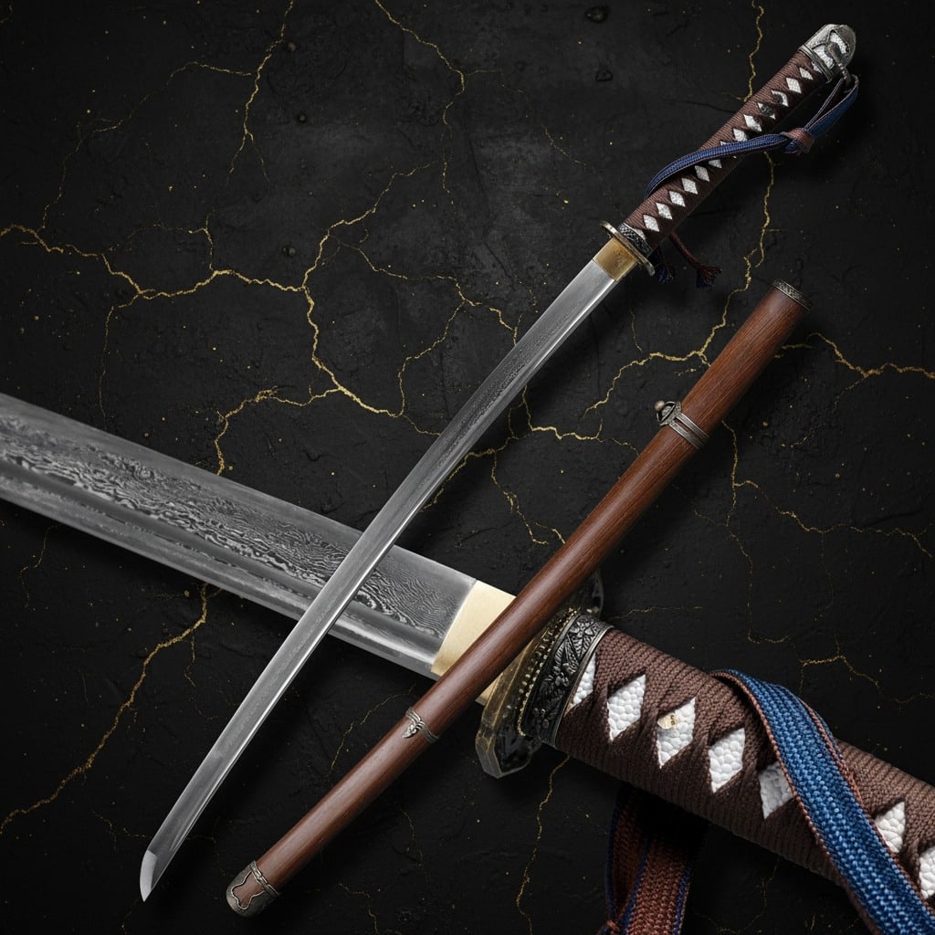 WWII Japanese Pattern 98 Damascus Steel Katana Wood Scabbard Zinc Fittings: Title:WWII Japanese Pattern 98 Damascus Steel Katana Wood Scabbard Zinc Fittings Description:This fully functional, battle-ready sword is expertly crafted using traditional methods, making it an