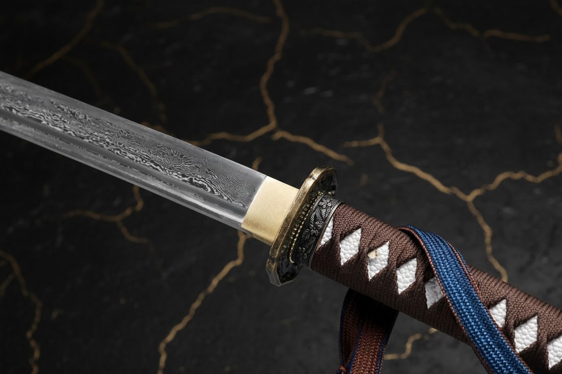 WWII Japanese Pattern 98 Damascus Steel Katana Wood Scabbard Zinc Fittings - 4