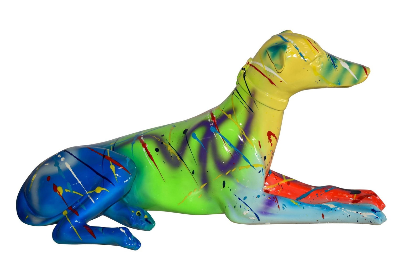 Modern Graffiti Sitting Greyhound Dog Resin Statue 19" x 9" x 12"H: Title:Modern Graffiti Sitting Greyhound Dog Resin Statue 19" x 9" x 12"H Description:This joyful and colorful Greyhound Dog, work of art was thoughtfully crafted by the artist. With a graffiti