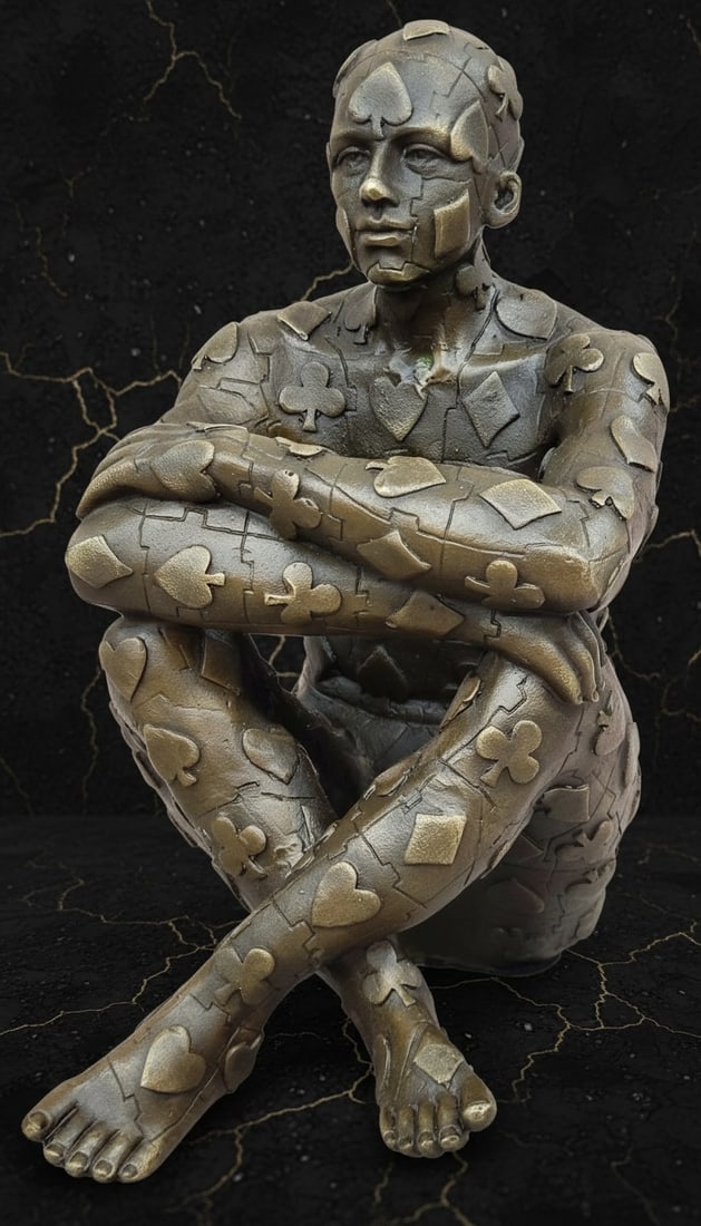 Poker Player Bronze Sculpture Surrealist Style Vegas Themed Art Figure: Title:Poker Player Bronze Sculpture Surrealist Style Vegas Themed Art Figure Description:Evoke intrigue and ignite conversations with this captivating abstract sculpture that defies convention and