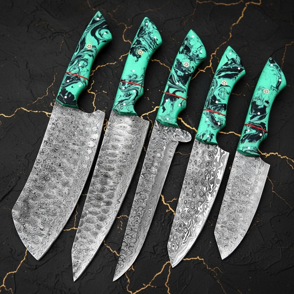 5pc Damascus Steel Kitchen Knife Set Hand-Forged Raindrop Pattern Leather Roll: Title:5pc Damascus Steel Kitchen Knife Set Hand-Forged Raindrop Pattern Leather Roll Description:This high-quality chef knife set includes five hand-forged knives and a cowhide leather carrying bag.