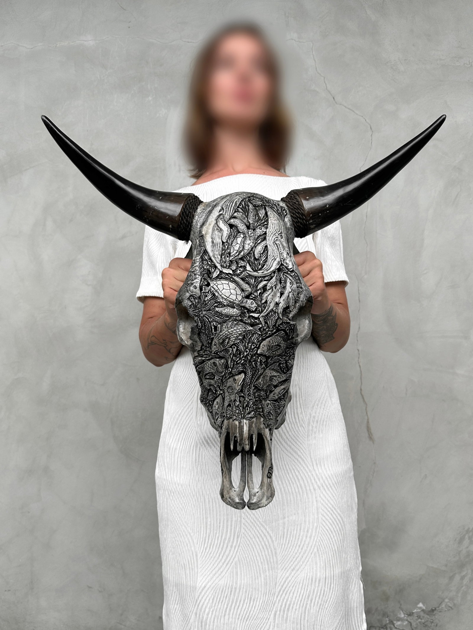 Grey bull's skull - Marine motif: Title: Grey bull's skull - Marine motif Maker:Unknown Origin: Indonesia Date/Period:2026 Materials:Bos Taurus, Bone, Horn, turquoise gemstones Dimensions:Height: 66 cm / 25.9 inches Width: 56 cm / 22 