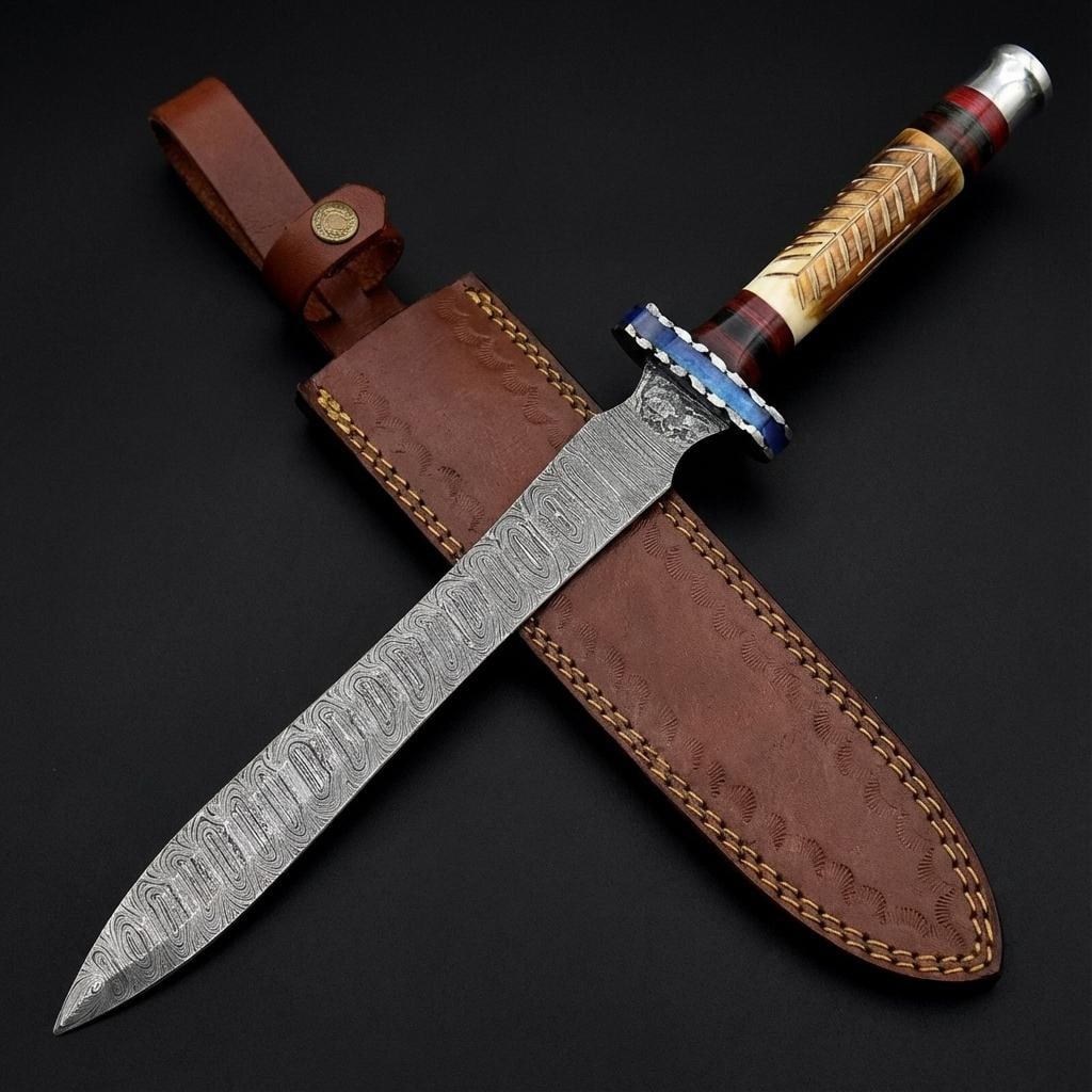 20" Hand-Forged Damascus Steel Sword with Camel Bone Handle and Leather Sheath (1 of 4)