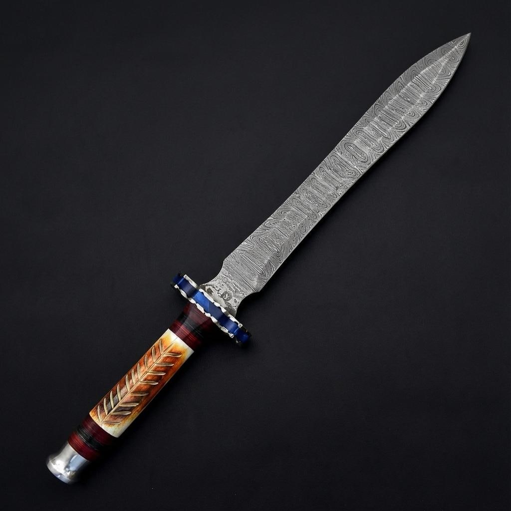20" Hand-Forged Damascus Steel Sword with Camel Bone Handle and Leather Sheath - 2