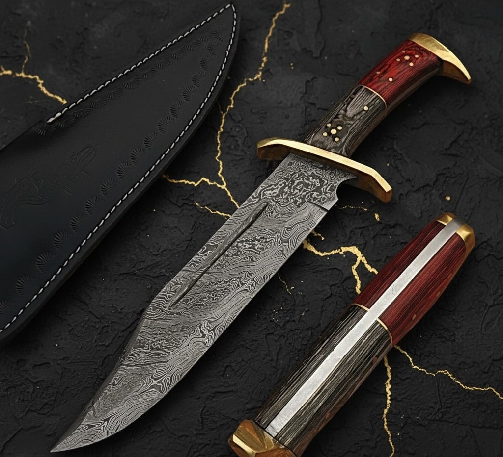 Damascus Steel Bowie Knife Fixed Blade Hunting Tool Frost Wood Handle 10" (1 of 5)