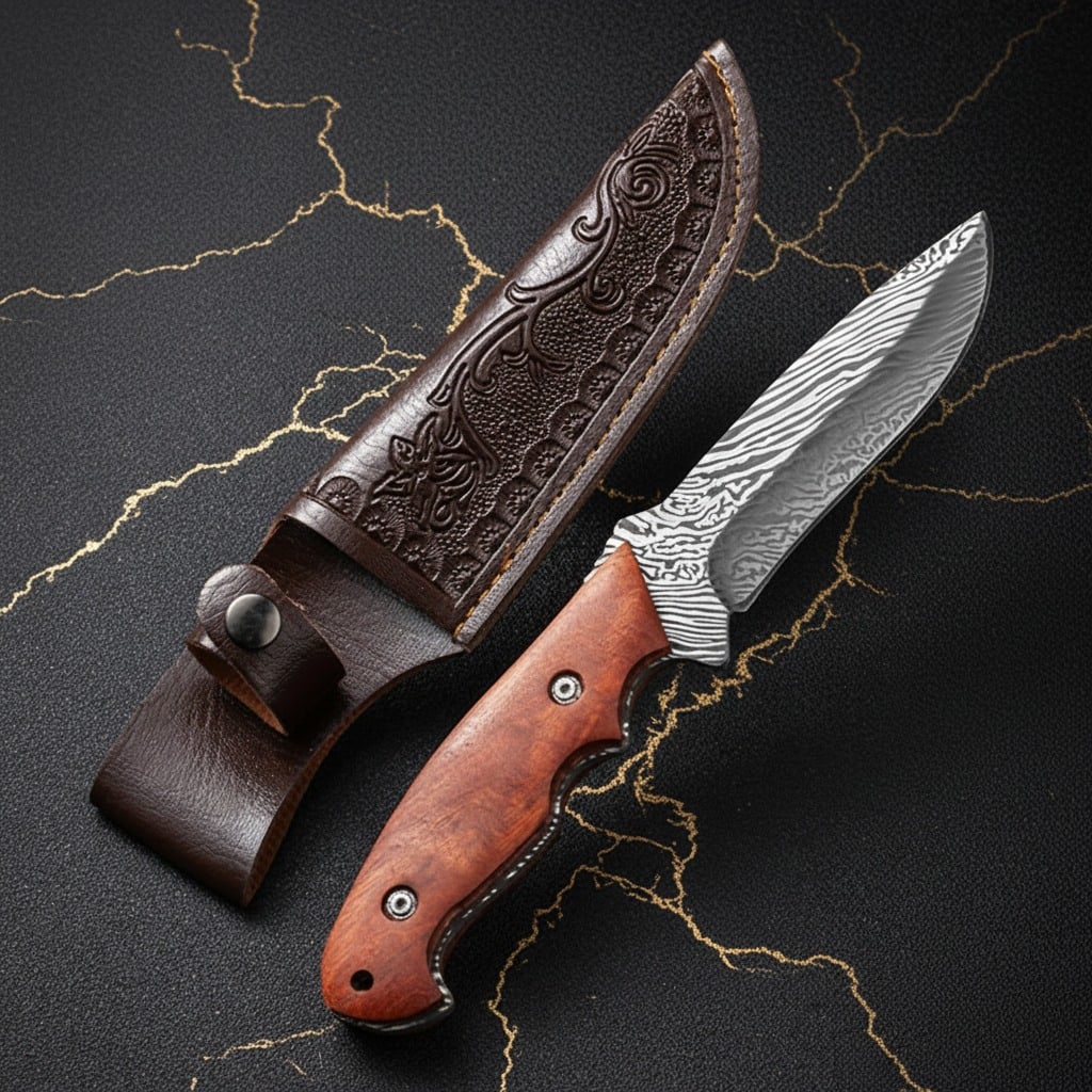9" High Carbon Steel Damascus Pattern Blade Fixed Knife Rosewood Handle - 4