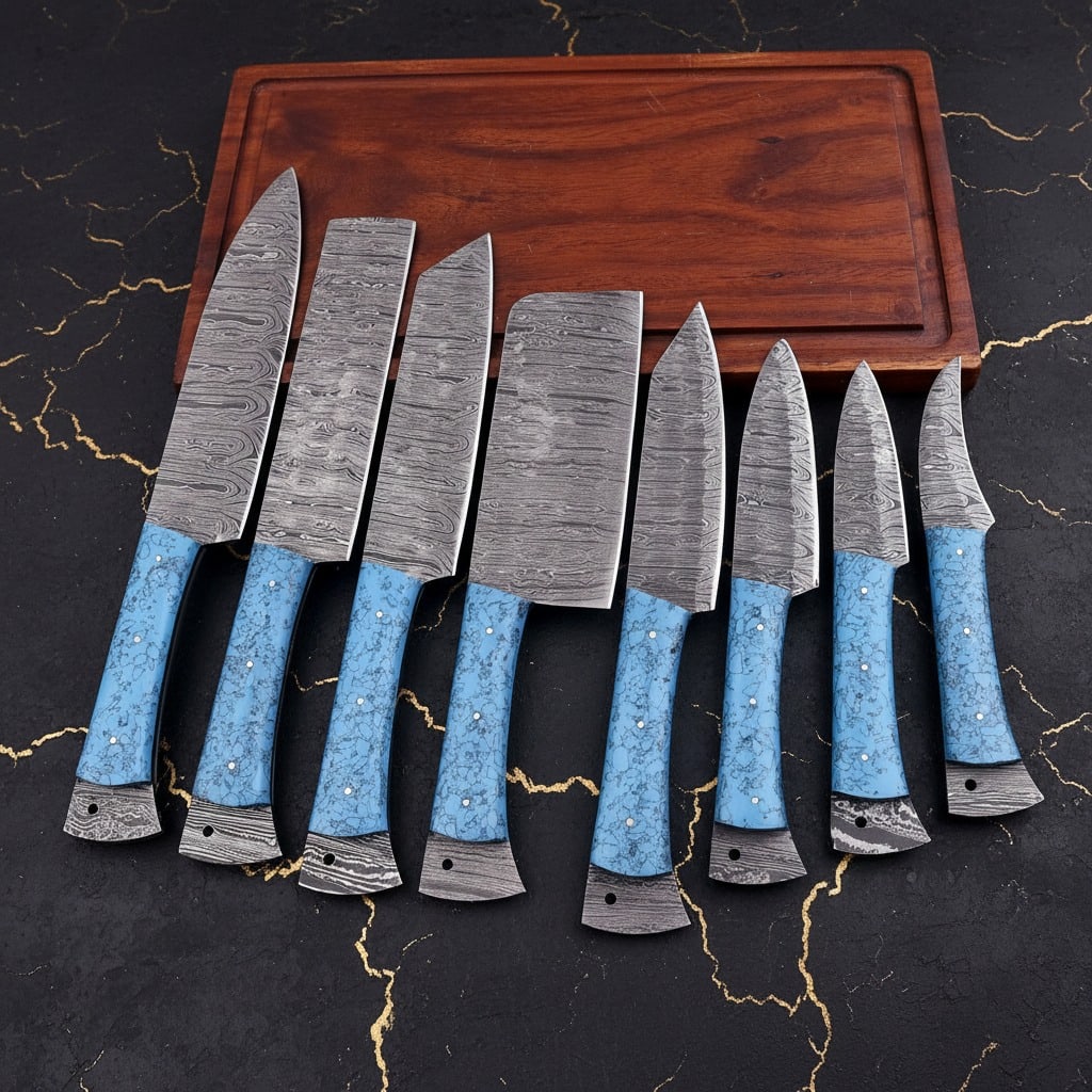 8PC Damascus Steel Chef Knife Set Hammered Blades Resin Handle Leather Roll: Title:8PC Damascus Steel Chef Knife Set Hammered Blades Resin Handle Leather Roll Description:This high-quality chef set includes eight handcrafted knives and a cowhide leather carrying bag. Each piec