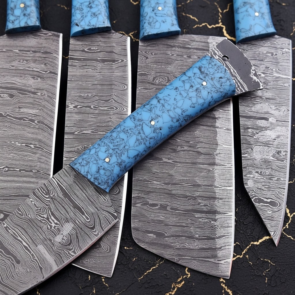 8PC Damascus Steel Chef Knife Set Hammered Blades Resin Handle Leather Roll - 2