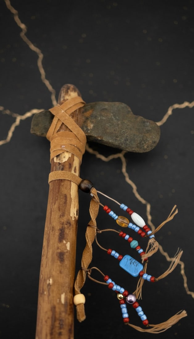 14" Handcrafted Tribal Stone Axe Primitive Beaded Tomahawk Decorative Art - 3