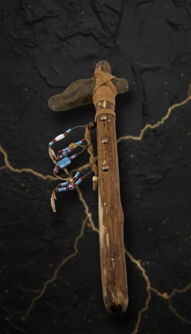 14" Handcrafted Tribal Stone Axe Primitive Beaded Tomahawk Decorative Art - 4