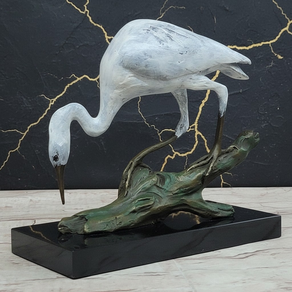 Art Deco Bronze Heron Bird Statue Sculpture Figurine Signed Sculpture - 2