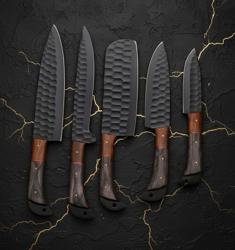 Hand Forged Carbon Steel Chef Knife Set, 5-Piece Kitchen Knives with Wood Handles (1 of 3)