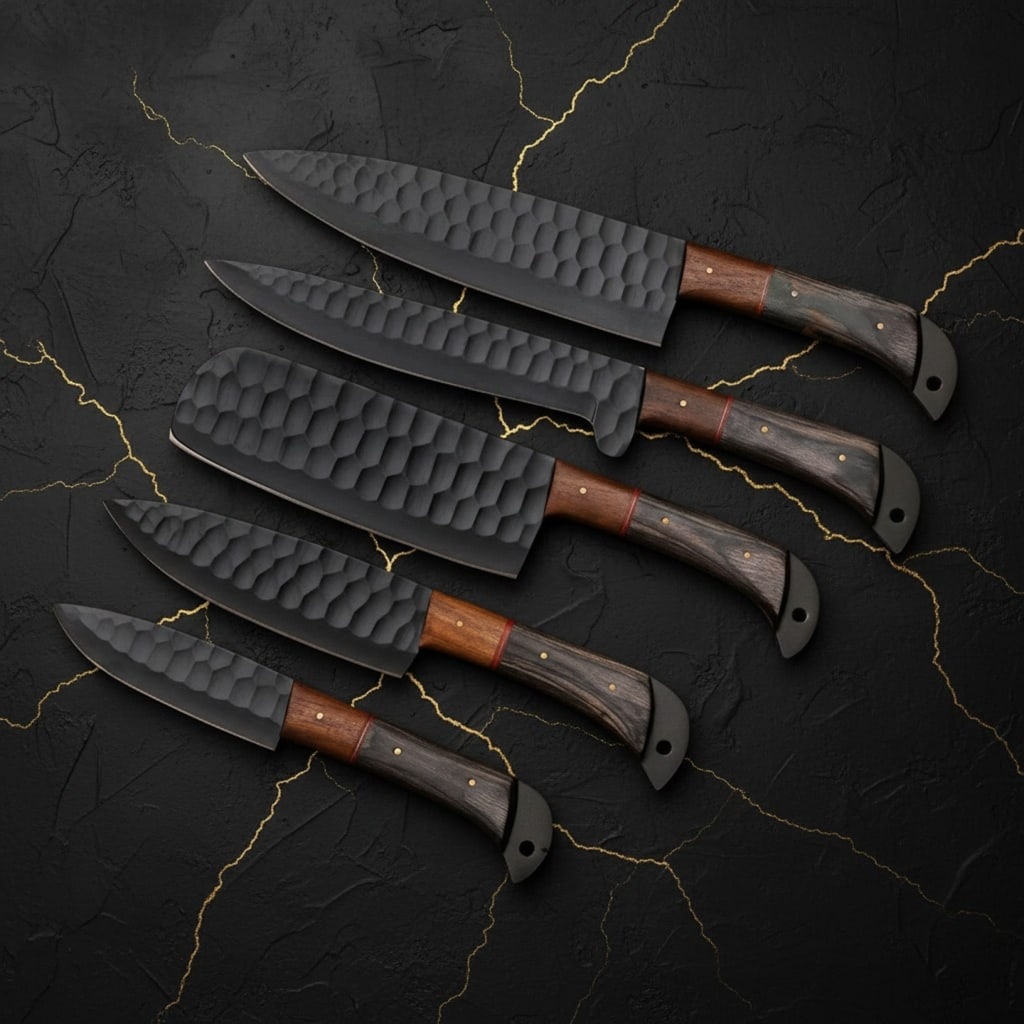 Hand Forged Carbon Steel Chef Knife Set, 5-Piece Kitchen Knives with Wood Handles - 3