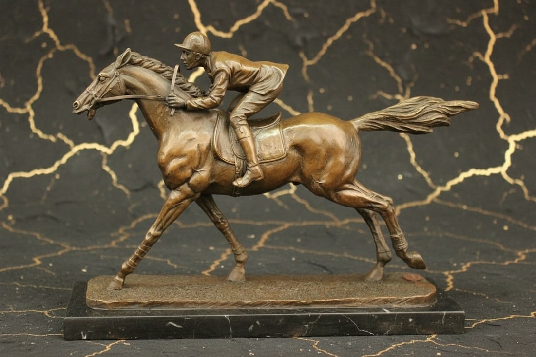 Art Deco Thoroughbred Jockey Bronze Sculpture Horse Racing Statue Figure: Title:Art Deco Thoroughbred Jockey Bronze Sculpture Horse Racing Statue Figure Description:This elegant bronze sculpture captures the exhilarating spirit of horse racing, depicting a thoroughbred hors