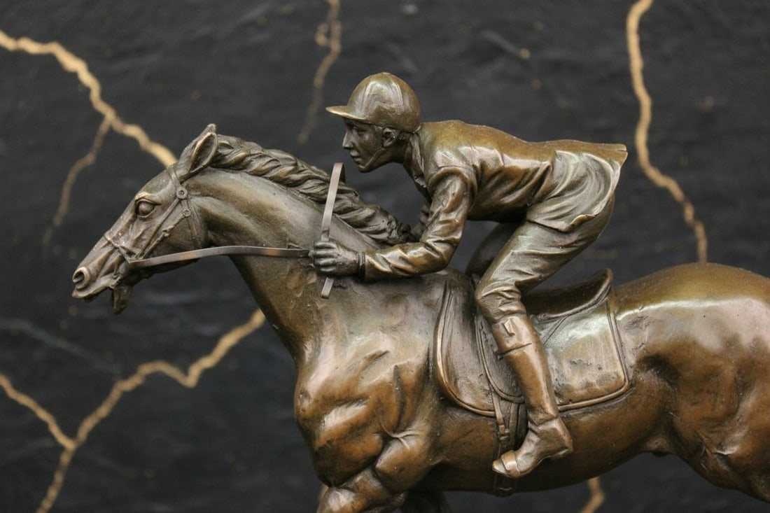 Art Deco Thoroughbred Jockey Bronze Sculpture Horse Racing Statue Figure - 3