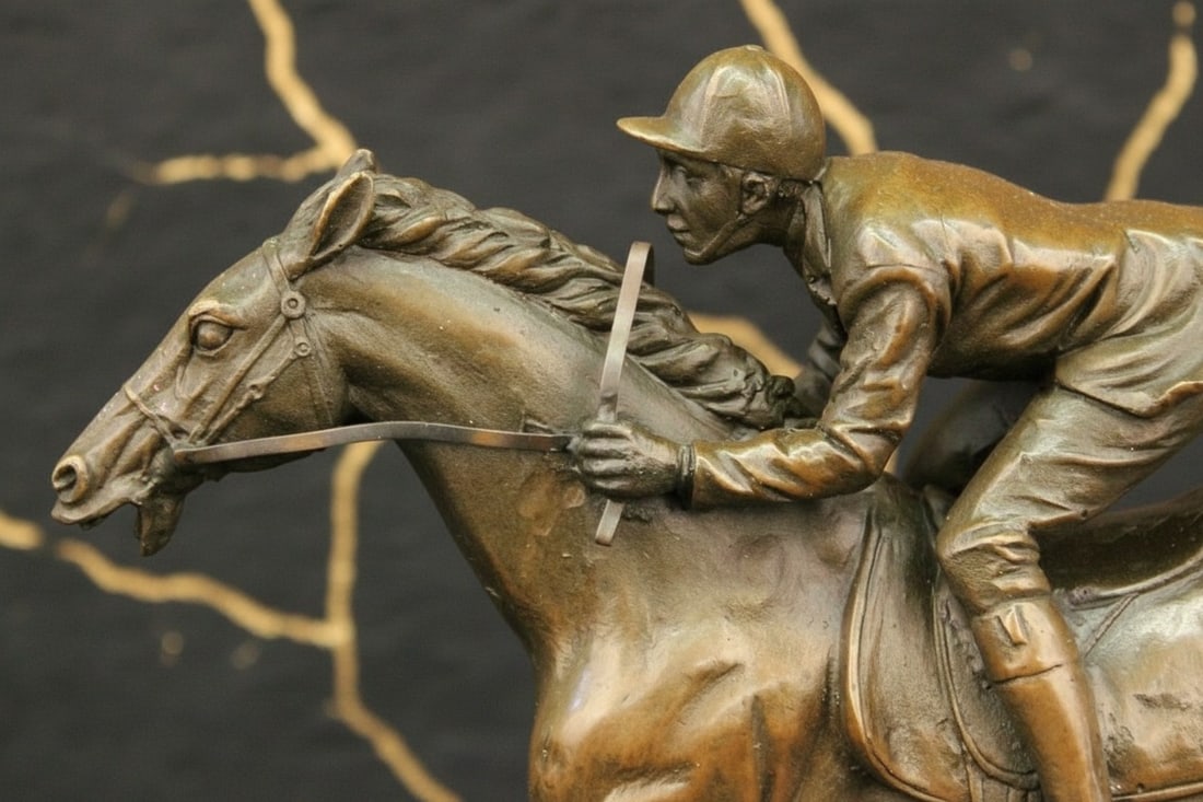 Art Deco Thoroughbred Jockey Bronze Sculpture Horse Racing Statue Figure - 4