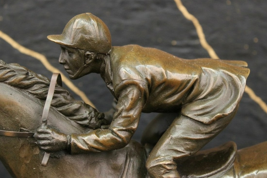 Art Deco Thoroughbred Jockey Bronze Sculpture Horse Racing Statue Figure - 5
