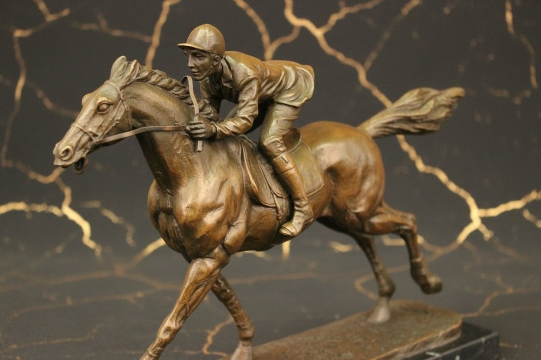Art Deco Thoroughbred Jockey Bronze Sculpture Horse Racing Statue Figure - 6